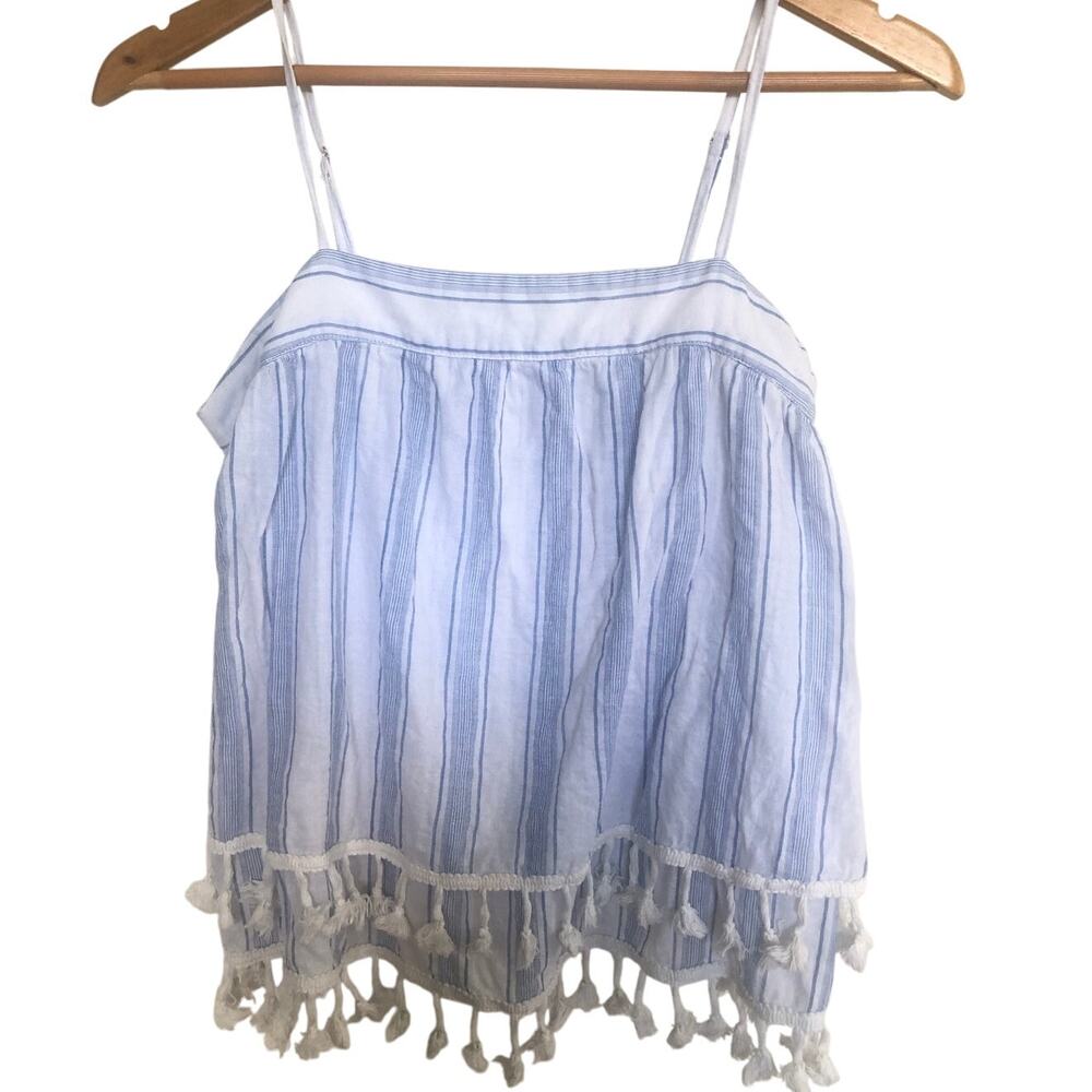 Skies Are Blue Striped Tassel-Hem Cotton Cami‎ Tank Top Medium Blue White Boho